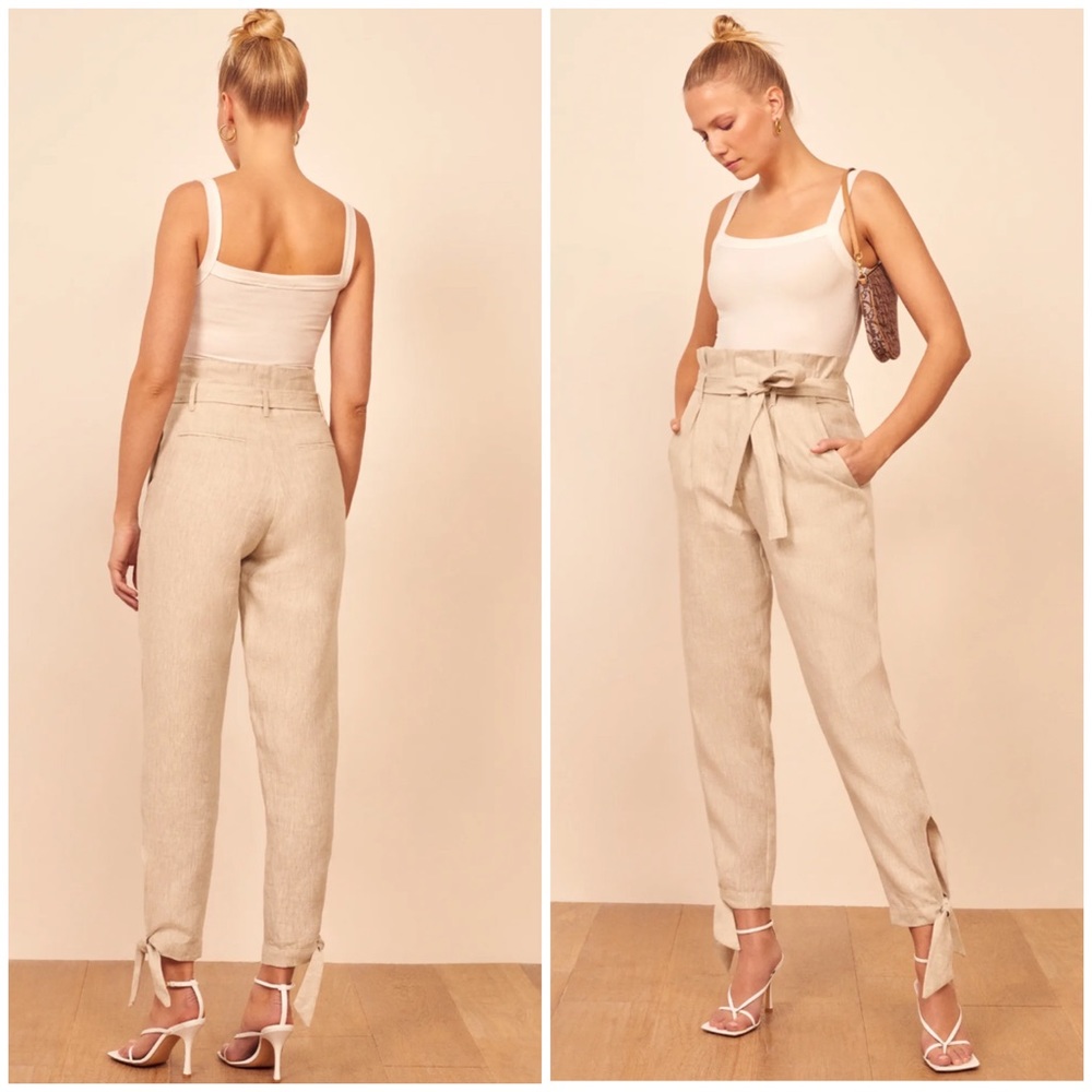 Reformation Beige Paperbag Linen-Blend Pants
